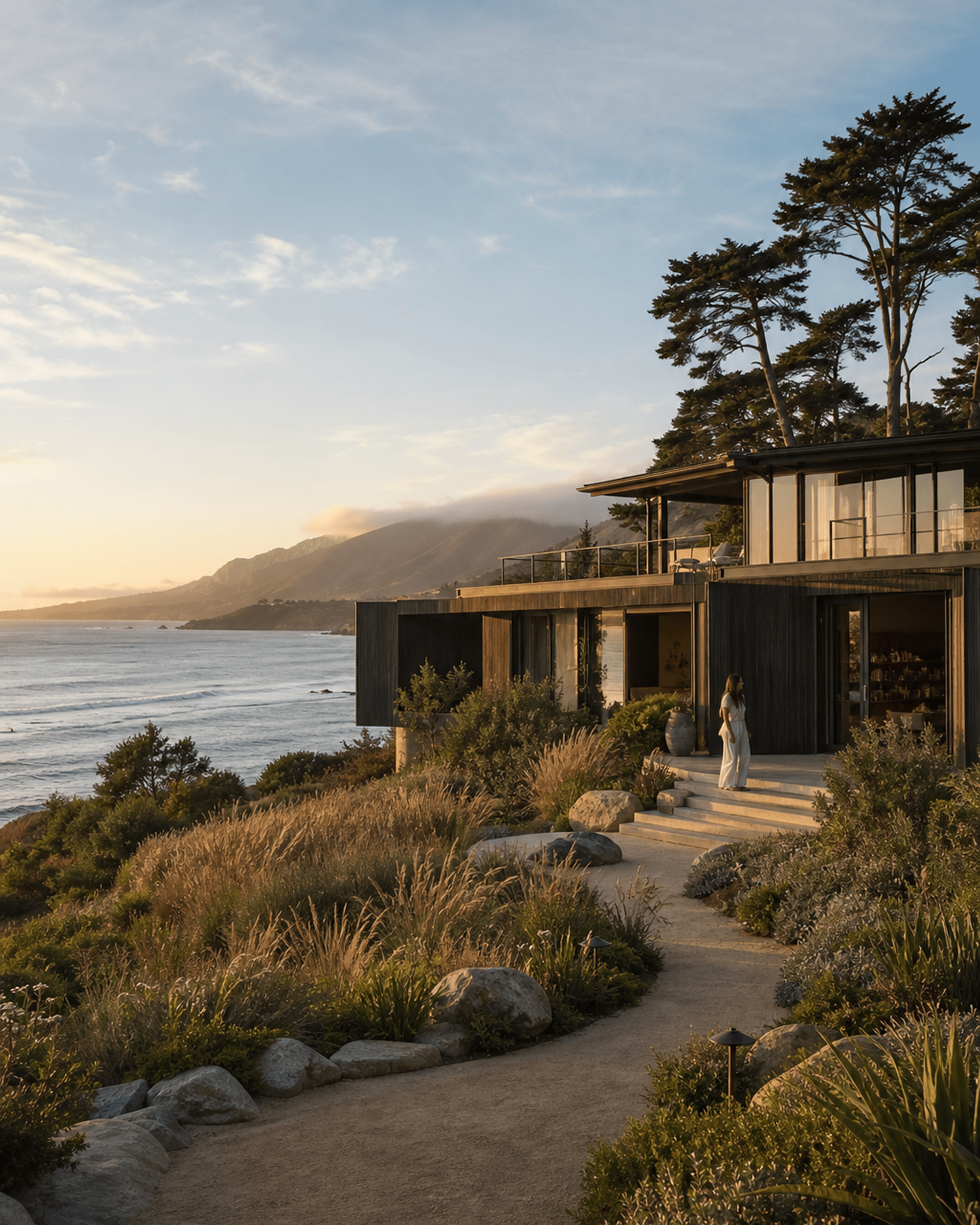 The architecture and frontage of Aster House, Big Sur