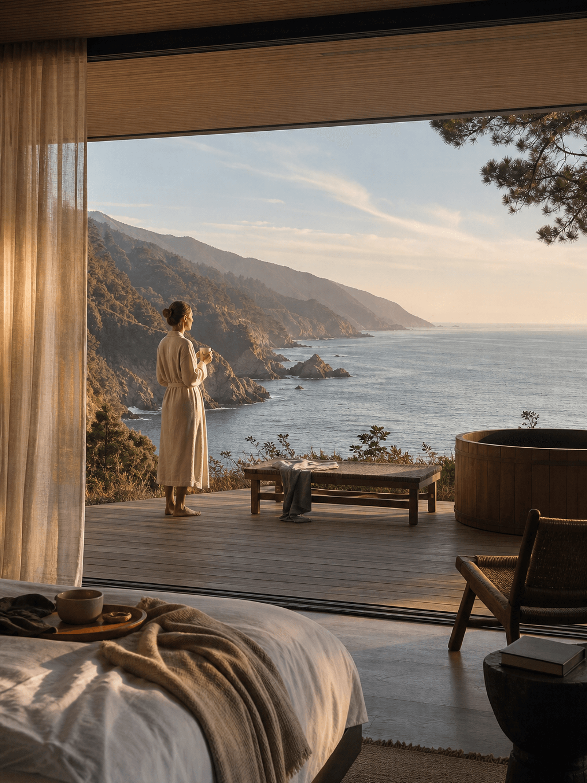 The guest experience at Aster House: a calm interior open to the Big Sur coast
