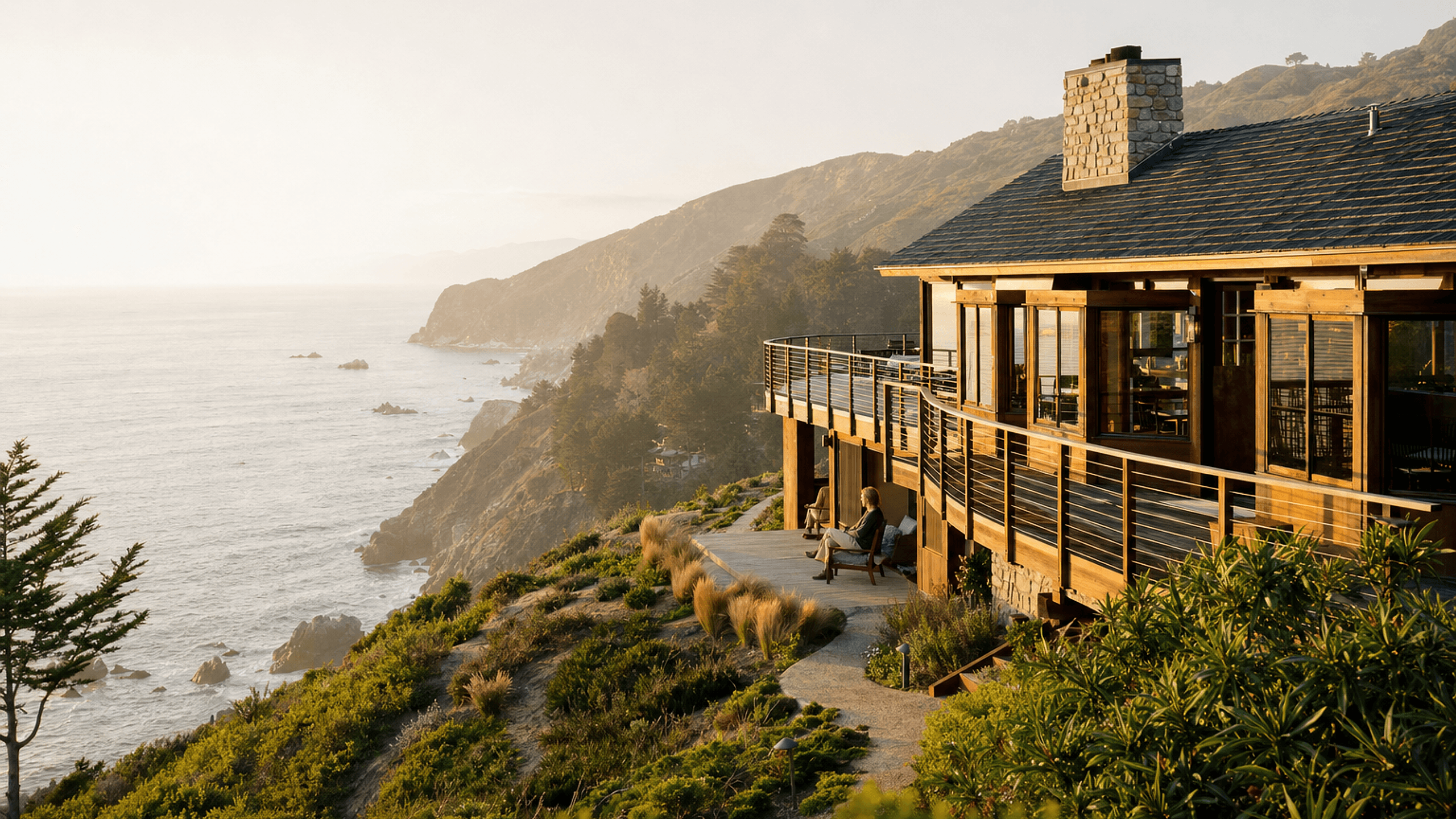 Aster House Big Sur seen above the Pacific Ocean on the California coast